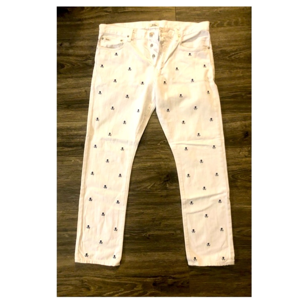 NWOT PRL Skull Crossbones Button Jeans V Slim Straight Size 36X32.